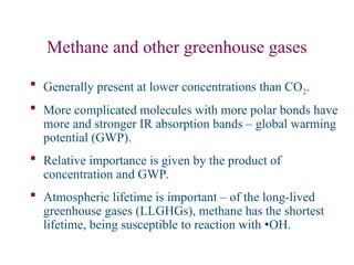Methane and other greenhouse gases
 Generally present at lower concentrations than CO2.
 More complicated molecules with more polar bonds have
more and stronger IR absorption bands – global warming
potential (GWP).
 Relative importance is given by the product of
concentration and GWP.
 Atmospheric lifetime is important – of the long-lived
greenhouse gases (LLGHGs), methane has the shortest
lifetime, being susceptible to reaction with OH.
 