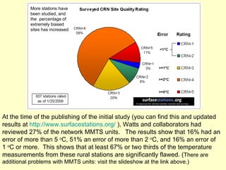 At the time of the publishing of the initial study (you can find this and updated results at  http://www.surfacestations.org/  ), Watts and collaborators had reviewed 27% of the network MMTS units.  The results show that 16% had an error of more than 5  o C, 51% an error of more than 2  o C, and 16% an error of  1  o C or more.  This shows that at least 67% or two thirds of the temperature measurements from these rural stations are significantly flawed. ( There are additional problems with MMTS units: visit the slideshow at the link above.) More stations have been studied, and  the  percentage of extremely biased  sites has increased. 