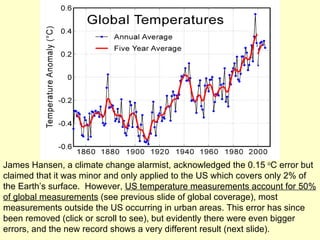 James Hansen, a climate change alarmist, acknowledged the 0.15  o C error but claimed that it was minor and only applied to the US which covers only 2% of the Earth’s surface.  However,  US temperature measurements account for 50% of global measurements  (see previous slide of global coverage), most measurements outside the US occurring in urban areas. This error has since been removed (click or scroll to see), but evidently there were even bigger errors, and the new record shows a very different result (next slide).  