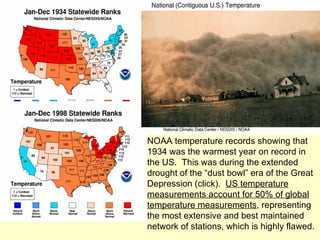 NOAA temperature records showing that 1934 was the warmest year on record in the US.  This was during the extended drought of the “dust bowl” era of the Great Depression (click).  US temperature measurements account for 50% of global temperature measurements , representing the most extensive and best maintained network of stations, which is highly flawed. 
