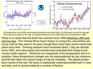 US temperature record (left) versus global temperature anomaly (right), the fluctuation around the average. According to the graph on the right, the global temperature was mostly below the average before 1980. There is no doubt that the Earth has warmed since 1850  following a 450 year mini-Ice Age .  The Thames River hasn’t frozen in a long time, and winters are not as cold as they were in the past, though there have been some record cold years since then.  Growing seasons have increased about 1 day per decade since 1850, and many plants and animals have extended their range to pre- viously cooler regions.  While the true magnitude of the temperature rise is in question, these temperature changes are not unprecedented by any measure, and fall well within the normal range of natural variability.  The global temper- ature record of the last 150 years is statistically underrepresented both in area and time, and Is contaminated by a number of factors.  
