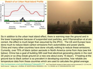 So in addition to the urban heat island effect, there is warming near the ground and in the lower troposphere because of suspended soot particles, and if Ramanathan et al are correct, the effect is much larger than assumed by the IPCC.  The US and Europe have done much to reduce black carbon emissions from automobiles and power plants.  China and many other countries have done virtually nothing to reduce these emissions. Currently, over 75% of black carbon aerosols in North America come from Asia (see link below). China has a goal of building 500 coal fired electrical generating plants in the next 20 years or so (they break ground on a new one about every 15 days!).  If heating at the ground due to black carbon is so prevalent in developing countries, how reliable are temperature data from these countries which are used to calculate the global average. http://scrippsnews.ucsd.edu/Releases/?releaseID=777   And Trans-Pacific transport of black carbon and fine aerosols (D < 2.5 mm) into North America:  Hadley el al.  JOURNAL OF GEOPHYSICAL RESEARCH, VOL. 112, D05309, doi:10.1029/2006JD007632, 2007 