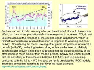 So does carbon dioxide have any affect on the climate?  It should have some effect, but the current predictions of climate response to increased CO 2  do not take into account the response of the coupled ocean-atmosphere, which is difficult to characterize, or cloud formation in response to warming and solar activity.  Considering the recent leveling off of global temperature for almost a decade (with CO 2  continuing to rise), along with a similar level of relatively constant solar activity, it has been suggested that the actual sensitivity of the atmosphere is much smaller than models predict.  Shaviv and Veizer predict that the sensitivity of the climate is between 1 to 1.5°C per CO 2  doubling, compared with the 1.5 to 4.5°C increase currently predicted by IPCC models.  There are compelling reasons to that favor the lower estimate. http://www.sciencebits.com/ClimateDebate Temperature Anomaly ( o C)  CO 2  (ppm) 1998 CO 2 temperature 1998 ↓ 