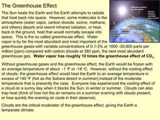 The Sun heats the Earth and the Earth attempts to radiate that heat back into space.  However, some molecules in the atmosphere (water vapor, carbon dioxide, ozone, methane, and others) absorb and reemit infrared radiation, or heat, back to the ground, heat that would normally escape into space.  This is the so called greenhouse effect.  Water  vapor is by far the most abundant and most important of the greenhouse gases with variable concentrations of 0.1-3% or 1000 -30,000 parts per million (ppm) compared with carbon dioxide at 380 ppm, the next most abundant greenhouse gas.  Water vapor has roughly 10 times the greenhouse effect of CO 2 . Without greenhouse gases and the greenhouse effect, the Earth would be frozen with an average temperature of about  -1  o F or -18  o C.  However, without the cooling effect of clouds, the greenhouse effect would heat the Earth to an average temperature in excess of 140  o F (hot as the Sahara desert in summer) instead of the moderate temperature that is presently the case.  Everyone has experienced the cooling effect of a cloud on a sunny day when it blocks the Sun, in winter or summer.  Clouds can also trap heat (think of how hot the air remains on a summer evening with clouds present, or how quickly the evening air cools in their absence).  Clouds are the critical moderator of the greenhouse effect, giving the Earth a temperate climate.  The Greenhouse Effect 