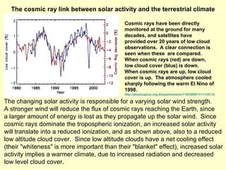 The changing solar activity is responsible for a varying solar wind strength. A stronger wind will reduce the flux of cosmic rays reaching the Earth, since a larger amount of energy is lost as they propagate up the solar wind.  Since cosmic rays dominate the tropospheric ionization, an increased solar activity will translate into a reduced ionization, and as shown above, also to a reduced low altitude cloud cover.  Since low altitude clouds have a net cooling effect (their "whiteness" is more important than their "blanket" effect), increased solar activity implies a warmer climate, due to increased radiation and decreased low level cloud cover.  The cosmic ray link between solar activity and the terrestrial climate Cosmic rays have been directly monitored at the ground for many decades, and satellites have provided over 20 years of low cloud observations.  A clear connection is seen when these  are compared.  When cosmic rays (red) are down, low cloud cover (blue) is down.  When cosmic rays are up, low cloud cover is up.  The atmosphere cooled sharply following the warm El Nino of 1998. http://physicaplus.org.il/zope/home/en/1105389911/1113511992_en 