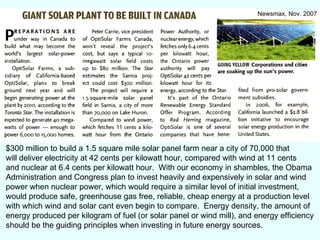 Newsmax, Nov. 2007 $300 million to build a 1.5 square mile solar panel farm near a city of 70,000 that  will deliver electricity at 42 cents per kilowatt hour, compared with wind at 11 cents and nuclear at 6.4 cents per kilowatt hour.  With our economy in shambles, the Obama Administration and Congress plan to invest heavily and expensively in solar and wind power when nuclear power, which would require a similar level of initial investment, would produce safe, greenhouse gas free, reliable, cheap energy at a production level with which wind and solar cant even begin to compare.  Energy density, the amount of energy produced per kilogram of fuel (or solar panel or wind mill), and energy efficiency should be the guiding principles when investing in future energy sources. 