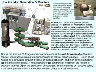 POWER BALL  Uranium in graphite “pebbles” (above).  The  pebbles are fireproof  and  almost impossible to use for weapons production . The  spent fuel is easy to transport and store, though there still remains the long-term problem of where  to store it. And the  design of the nuclear reactor is inherently meltdown-proof . If the fuel gets too hot,  it begins absorbing neutrons, shutting down the chain reaction.  In 2004, the cooling gas and secondary safety controls were shut off at an experimental pebble-bed reactor in China--and no calamity followed , says MIT professor Andrew Kadak, who witnessed the test. How it works: Generation IV Reactors Fourth-generation nuclear power plants differ radically from current reactors by replacing water coolants and moderators, reaching higher temperatures, and gaining the potential to create hydrogen, as well as electricity.   One of the six Gen IV designs under consideration is the  meltdown-proof  pebble-bed reactor, which uses grains of uranium encased in balls of graphite as fuel. Helium gas is heated as it circulates through a vessel of these pebbles  [1]  and then powers a turbine  [2]  to generate electricity. A heat exchanger  [3]  can transfer heat from the helium to adjacent facilities  [4]  for the production of hydrogen. The plant relies on “passive safety”: If the cooling system fails, the nuclear reaction grinds to a halt on its own.  