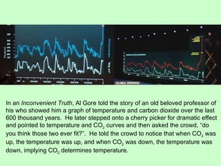 In an  Inconvenient Truth , Al Gore told the story of an old beloved professor of his who showed him a graph of temperature and carbon dioxide over the last 600 thousand years.  He later stepped onto a cherry picker for dramatic effect and pointed to temperature and CO 2  curves and then asked the crowd, “do you think those two ever fit?”.  He told the crowd to notice that when CO 2  was up, the temperature was up, and when CO 2  was down, the temperature was down, implying CO 2  determines temperature. 