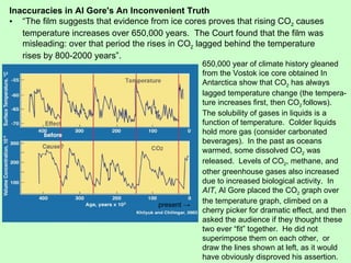 Inaccuracies in Al Gore's An Inconvenient Truth “ The film suggests that evidence from ice cores proves that rising CO 2  causes temperature increases over 650,000 years.  The Court found that the film was  misleading: over that period the rises in CO 2  lagged behind the temperature  rises by 800-2000 years”.  650,000 year of climate history gleaned from the Vostok ice core obtained In Antarctica show that CO 2  has always lagged temperature change (the tempera-ture increases first, then CO 2  follows).  The solubility of gases in liquids is a function of temperature.  Colder liquids hold more gas (consider carbonated beverages).  In the past as oceans warmed, some dissolved CO 2  was released.  Levels of CO 2 , methane, and other greenhouse gases also increased due to increased biological activity.  In  AIT , Al Gore placed the CO 2  graph over the temperature graph, climbed on a cherry picker for dramatic effect, and then asked the audience if they thought these two ever “fit” together.  He did not superimpose them on each other,  or draw the lines shown at left, as it would have obviously disproved his assertion.  present  -> 