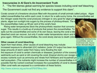 Inaccuracies in Al Gore's An Inconvenient Truth 7.  “The film blames global warming for species losses including coral reef bleaching. The Government could not find any evidence to support this claim”.   Corals consist of a limestone structure filled with thousands of small animals called polyps.  Algae called zooxanthellae live within each coral. In return for a safe sunny home, the zooxanthellae eat the nitrogen waste that the coral produces (nitrogen is very good for algal growth) and, like all plants, algae turn sunlight into sugars by the process of photosynthesis. The sugars produced by the zooxanthellae make up 98 per cent of the coral's food. Rising water temperatures block the photosynthetic reaction that converts carbon dioxide into sugar. This results in a build-up of products that poison the zooxanthellae. To save itself, the coral spits out the zooxanthellae and some of its own tissue, leaving the coral a bleached white. The bleached coral can recover, but only if cooler water temperatures return and the algae are able to grow again. Without the zooxanthellae, the coral slowly starves to death   (click or scroll forward). Other causes of coral bleaching   Apart from heat stress, other causes of coral bleaching may include:  increased exposure to ultraviolet (UV) radiation; [ solar UV output has been increasing for decades ] large amounts of storm water from heavy rains flooding the reef;  the exposure of coral to certain chemicals or diseases; [ pollution of the oceans ]  sediments such as sand or dirt covering the coral; [ tropical storms can ravage reefs ]  excess nutrients such as ammonia and nitrate from fertilizers and household products entering the reef ecosystem. (The nutrients might increase the number of zooxanthellae in the coral, but it is possible that the nutrient overload increases the susceptibility of coral to diseases.)  Often coral reefs are exposed to a combination of these factors.  http://www.science.org.au/nova/076/076key.htm Coral polyp showing its tiny zooxanthellae, seen as small brown dots. Source Kirsten Michalek-Wagner   bleached staghorn coral  