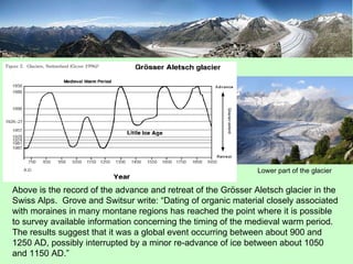 Above is the record of the advance and retreat of the Grösser Aletsch glacier in the  Swiss Alps.  Grove and Switsur write: “Dating of organic material closely associated with moraines in many montane regions has reached the point where it is possible to survey available information concerning the timing of the medieval warm period. The results suggest that it was a global event occurring between about 900 and 1250 AD, possibly interrupted by a minor re-advance of ice between about 1050 and 1150 AD.” Lower part of the glacier 