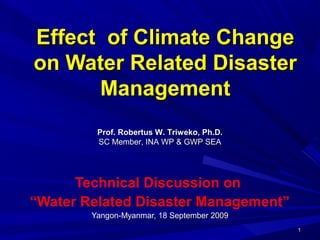 11
Effect of Climate ChangeEffect of Climate Change
on Water Related Disasteron Water Related Disaster
ManagementManagement
Technical Discussion on
“Water Related Disaster Management”
Yangon-Myanmar, 18 September 2009Yangon-Myanmar, 18 September 2009
Prof. Robertus W. Triweko, Ph.D.Prof. Robertus W. Triweko, Ph.D.
SC Member, INA WP & GWP SEASC Member, INA WP & GWP SEA
 