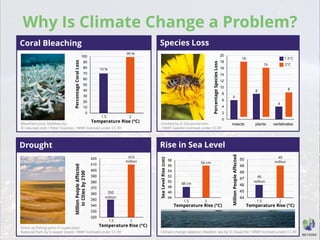 Species Loss
Untitled by © Ola Jennersten
/ WWF-Sweden licensed under CC BY
6
8
4
0
2
4
6
8
10
12
14
16
18
20
insects plants vertebrates
Percentage
Species
Loss
2°C 1.5°C
Why Is Climate Change a Problem?
70 %
0
10
20
30
40
50
60
70
80
90
100
Percentage
Coral
Loss
Coral Bleaching
Temperature Rise (°C)
Bleached coral, Maldives by
© naturepl.com / Peter Scoones / WWF licensed under CC BY
1.5
99 %
2
Drought
350
million
320
330
340
350
360
370
380
390
400
410
420
Dried up fishing pans in Liuwa plain
National Park by © Jasper Doest / WWF licensed under CC BY
Temperature Rise (°C)
1.5
48 cm
44
46
48
50
52
54
56
58
Sea
Level
Rise
(cm)
46
million
44
45
46
47
48
49
50
Rise in Sea Level
Climate change adaption Wadden sea by © Claudi Nir / WWF licensed under CC BY
Million
People
Affected
Temperature Rise (°C)
1.5
Temperature Rise (°C)
1.5
18
16
8
2°C
410
million
2
56 cm
2
49
million
2
 