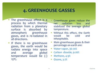 4. GREENHOUSE GASSES
 The greenhouse effect is a
process by which thermal
radiation from a planetary
surface is absorbed by
atmospheric greenhouse
gases, and is re-radiated in
all directions.
 If there is no greenhouse
gases, the earth would be
radiate energy into space
and average global
temperature would be (-)
15⁰C.
 Greenhouse gases reduce the
net radiation loss and
stabilized the average global
temperature.
 Without this effect, the Earth
would be cold and
inhospitable.
 Main greenhouse gases & their
percentage on earth are:
 Water vapor, 36-70%
 Carbon dioxide, 9-26%
 Methane, 4-9%
 Ozone, 3-7%
3/24/201912
 