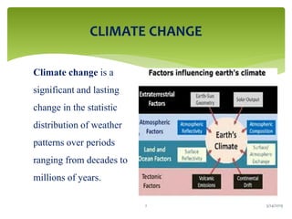 CLIMATE CHANGE
Climate change is a
significant and lasting
change in the statistic
distribution of weather
patterns over periods
ranging from decades to
millions of years.
3/24/20192
 