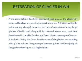  From above table it has been concluded that most of the glaciers in
western Himalaya are receding (expect a few in J & K state, which do
not show any change) However, the rate of recession of many large
glaciers (Siachin and Gangotri) has slowed down over past few
decades and in Ladakh, Zanskar and Great Himalayan ranges of Jammu
& Kashmir, during last three decades most of the glaciers are receding
with glacier volume change ranges between 3.6-97 % with majority of
the glaciers showing 17-25% deglaciation.
RETREATION OF GLACIER IN WH
3/24/201927
 