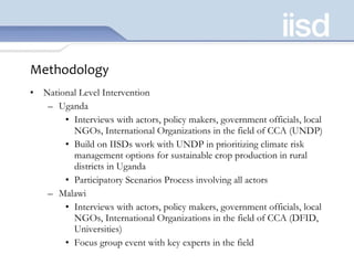 Methodology National Level Intervention Uganda Interviews with actors, policy makers, government officials, local NGOs, International Organizations in the field of CCA (UNDP) Build on IISDs work with UNDP in prioritizing climate risk management options for sustainable crop production in rural districts in Uganda Participatory Scenarios Process involving all actors Malawi Interviews with actors, policy makers, government officials, local NGOs, International Organizations in the field of CCA (DFID, Universities) Focus group event with key experts in the field 