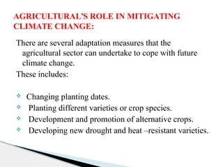 There are several adaptation measures that the
agricultural sector can undertake to cope with future
climate change.
These includes:
 Changing planting dates.
 Planting different varieties or crop species.
 Development and promotion of alternative crops.
 Developing new drought and heat –resistant varieties.
AGRICULTURAL’S ROLE IN MITIGATING
CLIMATE CHANGE:
 
