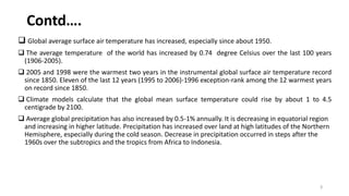 Global average surface air temperature has increased, especially since about 1950.
 The average temperature of the world has increased by 0.74 degree Celsius over the last 100 years
(1906-2005).
 2005 and 1998 were the warmest two years in the instrumental global surface air temperature record
since 1850. Eleven of the last 12 years (1995 to 2006)-1996 exception-rank among the 12 warmest years
on record since 1850.
 Climate models calculate that the global mean surface temperature could rise by about 1 to 4.5
centigrade by 2100.
 Average global precipitation has also increased by 0.5-1% annually. It is decreasing in equatorial region
and increasing in higher latitude. Precipitation has increased over land at high latitudes of the Northern
Hemisphere, especially during the cold season. Decrease in precipitation occurred in steps after the
1960s over the subtropics and the tropics from Africa to Indonesia.
3
Contd….
 