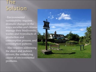 • Environmental
sustainability requires
dramatic changes in the
ways societies and citizens
manage their biodiversity,
wastes and byproducts of
production and
consumption process, and
consumption patterns.
• Also requires addressing

the direct and indirect
drivers, the underlying
causes of environmental
problems.
 