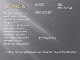SOCIO-                BIO-
                                                   PHYSICAL
Problem exists in the        ECONOMIC
environment. Cause
created by human and
bio physical
conditions. If physical
conditions are not
favorable means the
resources has been
used injudiously and if         ECOSYSTEM
favorable means
people are uneducated.


It is true. No one will agree to use resources on eco-friendly basis.
 