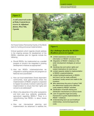 INSIGHTS FOR LONG TERM ADAPTATION
AND BUILDING COMMUNITY RESILIENCE.
ENVIRONMENTAL ALERT 2010
CLIMATE CHANGE
13
the Forest Carbon Partnership Facility of the World
bank for funding and actual implementation.
Critical questions which Uganda should address
in the ongoing process for development of the
REDD+ readiness plan for Uganda include the
following:
a.	 Should REDD+ be implemented as a parallel
program or should it be integrated in existing
development initiatives as appropriate?
b.	 How can REDD+ initiatives/activities be
integrated in existing policies and programs at
National and Local levels?
c.	 How can local stakeholders (forest dependent
communities, local governments) where the
implementation of REDD+ projects is expected
to happen be actively involved in planning and
implementation to ensure that their rights and
concerns are addressed?
d.	 What is the place/role of the other ecosystems
and land uses (e.g. wetlands, grasslands,
agriculture) regarding REDD+? There is a
notion/thinking that REDD+ is about forests
alone.
e.	 How can inter-sectoral planning and
implementation be advanced to address the
Figure 5:
A well conserved section
of Zoka Central forest
reserve in Adjumani
district, West Nile,
Uganda
Figure 6.
Key challenges faced by the REDD+
Readiness process in Uganda
	 Limited awareness and access to
information on REDD+ at various levels
	 Integration of REDD+ initiatives in the
wider development strategies at various
levels
	 Clarifying tree and carbon rights and
related implications for land tenure
	 Limited capacity related to implementation
of REDD+ projects/initiatives
	 Limited funding/investments in REDD+
and how it can be made sufficient,
sustained, locally owned and viable to the
investors.
	 Who determines the price of carbon? Will
the determined market price offset the
costs related to REDD+ activities
	 Clarification of benefit sharing and
distribution mechanisms at various levels
	 Lack of supportive legal and policy
frameworks to guide implementation of
REDD + initiatives
	 Understanding land use and livelihood
relationships, economics/opportunity
costs.
 