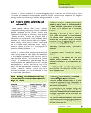 INSIGHTS FOR LONG TERM ADAPTATION
AND BUILDING COMMUNITY RESILIENCE.
ENVIRONMENTAL ALERT 2010
CLIMATE CHANGE
25
collection of weather information on climate change by region. Overall this has an implication of limited
knowledge and information on appropriate options to support climate change adaptation and mitigation
thereby increasing vulnerability to climate change impacts at all levels.
Sensitivity is the degree to which a given change in
climate will lead to positive or negative changes in
a system, such as to the functions of an ecosystem
or output from a particular type of agricultural
production.
Vulnerability is the extent to which a natural or
social system is susceptible to sustaining damage
from climate change, determined by exposure,
sensitivity and coping capacity (as well as structural
processes). Hence, it may be biophysical or socio-
economic vulnerability (GECHS, 2008).
Vulnerability = (adaptive capacity) – (sensitivity +
exposure)
E = exposure — size of the area and/or population
affected
S = sensitivity — the intrinsic (age, sex, SES,
ethnicity, livelihood strategies, etc.) and extrinsic
(institutions, entitlements, etc.) characteristics of a
population
A = adaptive capacity — capacities of the population,
place or system to resist impacts, cope with losses,
and/or regain functions
Community perspectives on gender and
climate change in Adjumani district
Community members identified children as the most
affected group of people when climate change impacts hit
the community due to their vulnerability to malnutrition and
other diseases including malaria.
Communities observed that sick people needed urgent
attention during times of hunger in a household. They said
that HIV/AIDS affected some households in the community
and climate change impacts such as hunger could only
worsen the situation.
They also noted that women/mothers due to their multiple
responsibilities ranging from production and preparation of
food in a household were more affected by climate change
impacts in comparison to men.
3.8 	 Climate change sensitivity and 	
	 vulnerability
Climate change impacts affect various gender
categories differently. Particularly, the most vulnerable
gender categories include children, women, and
people with disabilities. At household level in most
Ugandan societies, women are charged with a
major responsibility of caring for the rest of the family
members. For instance fetching water, cooking food,
house keeping, caring for the children, the old and
the sick among other household chores. Hence,
women in Uganda provide 70-80% of the agricultural
household labor (Nabuumba, 2008).
Impacts of climate change manifesting as drying of
rivers, springs and bore holes means that they have
to move longer distances to look for water. Hence
they are most affected by the impacts of climate
change. On the other hand, given that men are the
bread winners in the households and also charged
with providing for all and ensuring security in the
home, they are overburdened by impacts of climate
change. Therefore, climate change adaptation
actions should target both men and women as part
of the solutions to leave with it.
Table 1. Ranking climate change vulnerability
in Schools and local communities in Adjumani,
Moyo and Yumbe
Schools 	 	 Farming community in Ajujo
Category				 Rank		 Category			 Rank
School girls			 1			 Children			 1
School boys			 2			 Elderly			 2
Support staff		 3			 Disabled			 3
Female teachers	 4			 Women			 4
Male teachers		 5			 Men				 5
 
