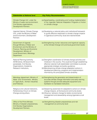 INSIGHTS FOR LONG TERM ADAPTATION
AND BUILDING COMMUNITY RESILIENCE.
ENVIRONMENTAL ALERT 2010
CLIMATE CHANGE
27
Stakeholder at National level 		 Key Policy Recommendation
Climate Change Unit under the
Ministry of water and environment,
Civil Society organizations,
Development Partners	
(a)	Spearheading, coordinating and funding implementation
of the Ugandan National Adaptation Programs of Action
on climate change
Uganda Cabinet, Climate Change
Unit under the Ministry of Water
and Environment, Development
Partners	
(a)	Developing a national policy and institutional framework
to guide effective responses to climate change impacts
in Uganda at community, local and national levels
Government of Uganda
through Ministry of Water and
Environment and the Ministry of
Finance, Planning and Economic
Development, Ministry of
Local Government, Metrology
Department	
(a)	Strengthening human resources and logistical capacity
at the Climate Change Unit and local government levels
National Planning Authority,
All Ministries, All Government
parastatals, Civil Society
Organizations, Academia,
Research Institutions,	
(a)	Strengthen coordination of climate change activities and
initiatives in the country. This could be through establishing
effective national multi-stakeholder committees to provide
appropriate strategic and policy guidance;
(b)	Mainstreaming climate change adaptation actions in
development planning, programs and implementation
informed by the anticipated climate variability
Metrology department, Ministry of
Water and Environment, Ministry
of Agriculture, Animal Industries
and Fisheries	
(a)	Strengthening the generation and dissemination of
accurate climate change information and early warning
systems through provide adequate equipment and
facilitation to mandated institutions
Religious and cultural institutions,
Parliamentary Forum on Climate
Change among others 	
(a)	Deepening awareness for adaptations actions on climate
change impacts, at the local and community levels;
(b)	Influence behavior change for better environmental
management and stewardship among Ugandans at all
levels
Office of the Prime Minister,
Ministry of disaster preparedness,
Civil Society Organizations,
Development Partners	
(a)	Strengthening disaster preparedness and risk
management at community level
 