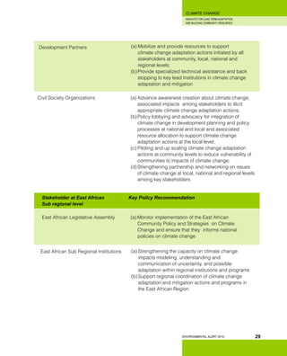 INSIGHTS FOR LONG TERM ADAPTATION
AND BUILDING COMMUNITY RESILIENCE.
ENVIRONMENTAL ALERT 2010
CLIMATE CHANGE
29
Development Partners	 (a)	Mobilize and provide resources to support
climate change adaptation actions initiated by all
stakeholders at community, local, national and
regional levels;
(b)	Provide specialized technical assistance and back
stopping to key lead Institutions in climate change
adaptation and mitigation
Civil Society Organizations	 (a)	Advance awareness creation about climate change,
associated impacts among stakeholders to illicit
appropriate climate change adaptation actions;
(b)	Policy lobbying and advocacy for integration of
climate change in development planning and policy
processes at national and local and associated
resource allocation to support climate change
adaptation actions at the local level;
(c)	Piloting and up scaling climate change adaptation
actions at community levels to reduce vulnerability of
communities to impacts of climate change;
(d)	Strengthening partnership and networking on issues
of climate change at local, national and regional levels
among key stakeholders
Stakeholder at East African 		 Key Policy Recommendation
Sub regional level
East African Legislative Assembly 	 (a)	Monitor implementation of the East African
Community Policy and Strategies on Climate
Change and ensure that they informs national
policies on climate change
East African Sub Regional Institutions	 (a)	Strengthening the capacity on climate change
impacts modeling, understanding and
communication of uncertainty, and possible
adaptation within regional institutions and programs
(b)	Support regional coordination of climate change
adaptation and mitigation actions and programs in
the East African Region
 