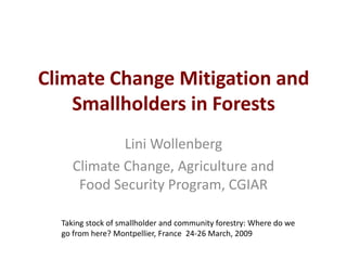 Climate Change Mitigation and Smallholders in Forests LiniWollenberg Climate Change, Agriculture and Food Security Program, CGIAR Taking stock of smallholder and community forestry: Where do we go from here? Montpellier, France  24-26 March, 2009 