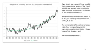 14
1.2
1.0
0.8
0.6
0.4
0.2
0.0
-0.2
-0.4
-0.6
1880
1884
1888
1892
1896
1900
1904
1908
1912
1916
1920
1924
1928
1932
1936
1940
1944
1948
1952
1956
1960
1964
1968
1972
1976
1980
1984
1988
1992
1996
2000
2004
2008
2012
2016
2020
Temperature Anomaly. Hist. Fit of a polynomial Trend Model
Actual Trend 2
If we simply add a second Trend variable
that represents the square of the Trend
variable, we actually get a surprisingly
good historical fit of the data in absence
of any information from CO2.
While the Trend variable starts with 1, 2,
3, etc.; the Trend square variable starts
with 1, 4, 9, etc.
The combination of those two variables
make for a very good polynomial
regression equation that fits the J shape
curve of the data very well.
We call this model Trend 2.
 