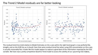 The residual trend line (red) relative to Model Estimates on the x-axis within the right-hand graph is now perfectly flat,
straight, and on the 0.00 line as it should. Even that same residual trend line when using CO2 concentration on the x-axis
is actually reasonably flat. It looks like this model appear to capture a good deal of the information imparted by the CO2
variable. We have now a pretty competitive Baseline Trend model to assess the validity of our upcoming CO2 mode1ls5.
The Trend 2 Model residuals are far better looking
 