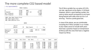 The more complete CO2 based model
The El Nino variable has a p-value of 0.155,
not stat. significant at the Alpha < 0.10 level.
However, within a sport betting market, this
same p-value would correspond to one team
being favored with odds close to 6-to-1 of
winning. That be a pretty good bet.
In view of the above, we are comfortable
including the El Nino variable in our model.
It also makes sense to include both years
that have a positive impact on temperature
(El Nino) with the ones that have a negative
impact (La Nina).
20
 