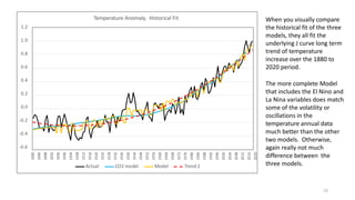 1.2
1.0
0.8
0.6
0.4
0.2
0.0
-0.2
-0.4
-0.6
1880
1884
1888
1892
1896
1900
1904
1908
1912
1916
1920
1924
1928
1932
1936
1940
1944
1948
1952
1956
1960
1964
1968
1972
1976
1980
1984
1988
1992
1996
2000
2004
2008
2012
2016
2020
Temperature Anomaly. Historical Fit
Actual CO2 model Model Trend 2
When you visually compare
the historical fit of the three
models, they all fit the
underlying J curve long term
trend of temperature
increase over the 1880 to
2020 period.
23
The more complete Model
that includes the El Nino and
La Nina variables does match
some of the volatility or
oscillations in the
temperature annual data
much better than the other
two models. Otherwise,
again really not much
difference between the
three models.
 