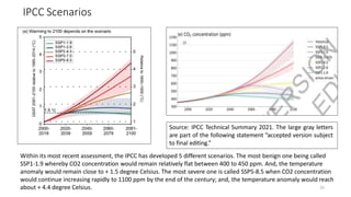 IPCC Scenarios
33
Within its most recent assessment, the IPCC has developed 5 different scenarios. The most benign one being called
SSP1-1.9 whereby CO2 concentration would remain relatively flat between 400 to 450 ppm. And, the temperature
anomaly would remain close to + 1.5 degree Celsius. The most severe one is called SSP5-8.5 when CO2 concentration
would continue increasing rapidly to 1100 ppm by the end of the century; and, the temperature anomaly would reach
about + 4.4 degree Celsius.
Source: IPCC Technical Summary 2021. The large gray letters
are part of the following statement ”accepted version subject
to final editing.”
 