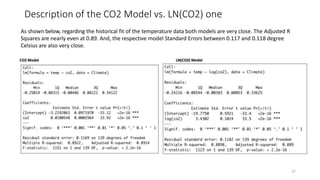 Description of the CO2 Model vs. LN(CO2) one
As shown below, regarding the historical fit of the temperature data both models are very close. The Adjusted R
Squares are nearly even at 0.89. And, the respective model Standard Errors between 0.117 and 0.118 degree
Celsius are also very close.
37
 