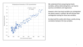We understand that comparing two levels
variables, without detrending them, can lead to
spurious correlations and regressions.
However, when two level variables are cointegrated
the above caveat is nullified. We will disclose later
cointegration testing for these two variables.
As observed this scatter plot shows a pretty strong
correlation between the two variables.
7
 