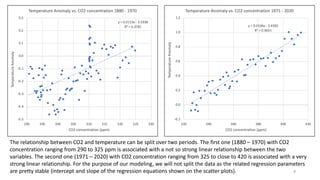 The relationship between CO2 and temperature can be split over two periods. The first one (1880 – 1970) with CO2
concentration ranging from 290 to 325 ppm is associated with a not so strong linear relationship between the two
variables. The second one (1971 – 2020) with CO2 concentration ranging from 325 to close to 420 is associated with a very
strong linear relationship. For the purpose of our modeling, we will not split the data as the related regression parameters
are pretty stable (intercept and slope of the regression equations shown on the scatter plots). 8
 
