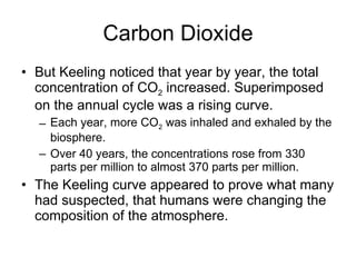 Carbon Dioxide But Keeling noticed that year by year, the total concentration of CO 2  increased. Superimposed on the annual cycle was a rising curve.  Each year, more CO 2  was inhaled and exhaled by the biosphere.  Over 40 years, the concentrations rose from 330 parts per million to almost 370 parts per million.  The Keeling curve appeared to prove what many had suspected, that humans were changing the composition of the atmosphere.  