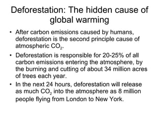 Deforestation: The hidden cause of global warming After carbon emissions caused by humans, deforestation is the second principle cause of atmospheric CO 2 .  Deforestation is responsible for 20-25% of all carbon emissions entering the atmosphere, by the burning and cutting of about 34 million acres of trees each year.  In the next 24 hours, deforestation will release as much CO 2  into the atmosphere as 8 million people flying from London to New York.  