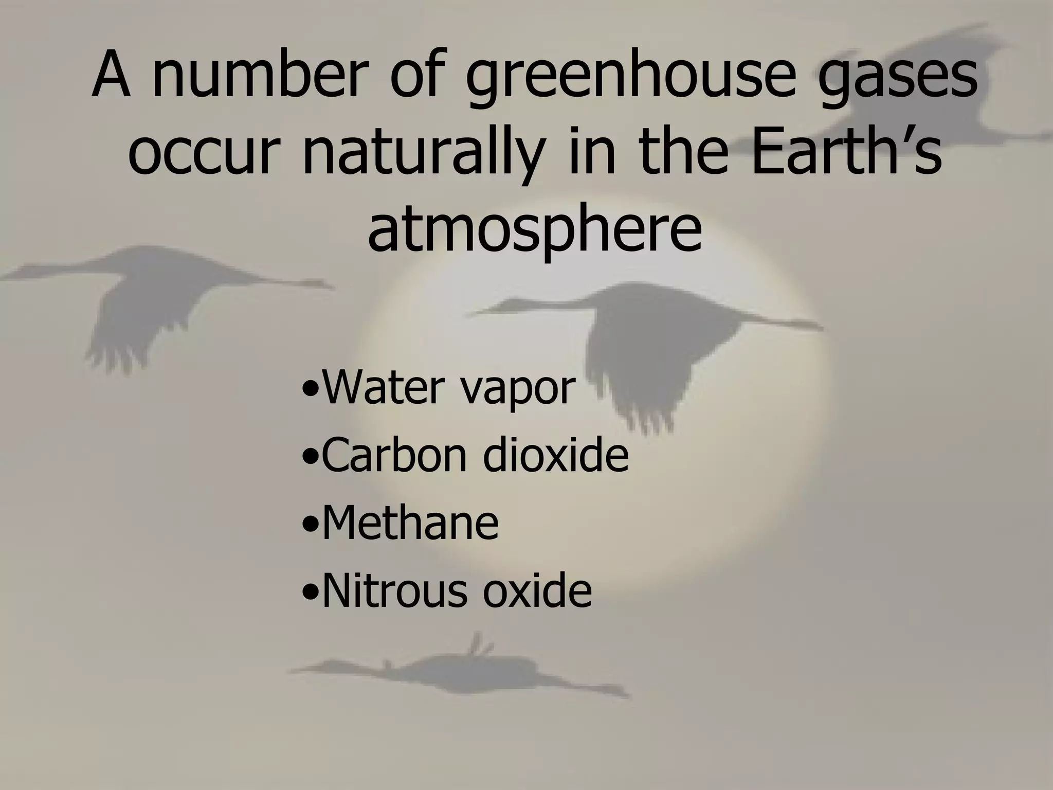 Water vapor Carbon dioxide Methane Nitrous oxide A number of greenhouse gases occur naturally in the Earth’s atmosphere 