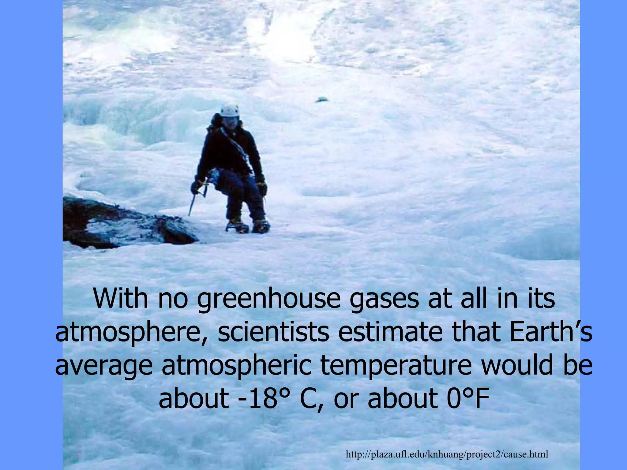 With no greenhouse gases at all in its atmosphere, scientists estimate that Earth’s average atmospheric temperature would be about -18° C, or about 0°F http://plaza.ufl.edu/knhuang/project2/cause.html   