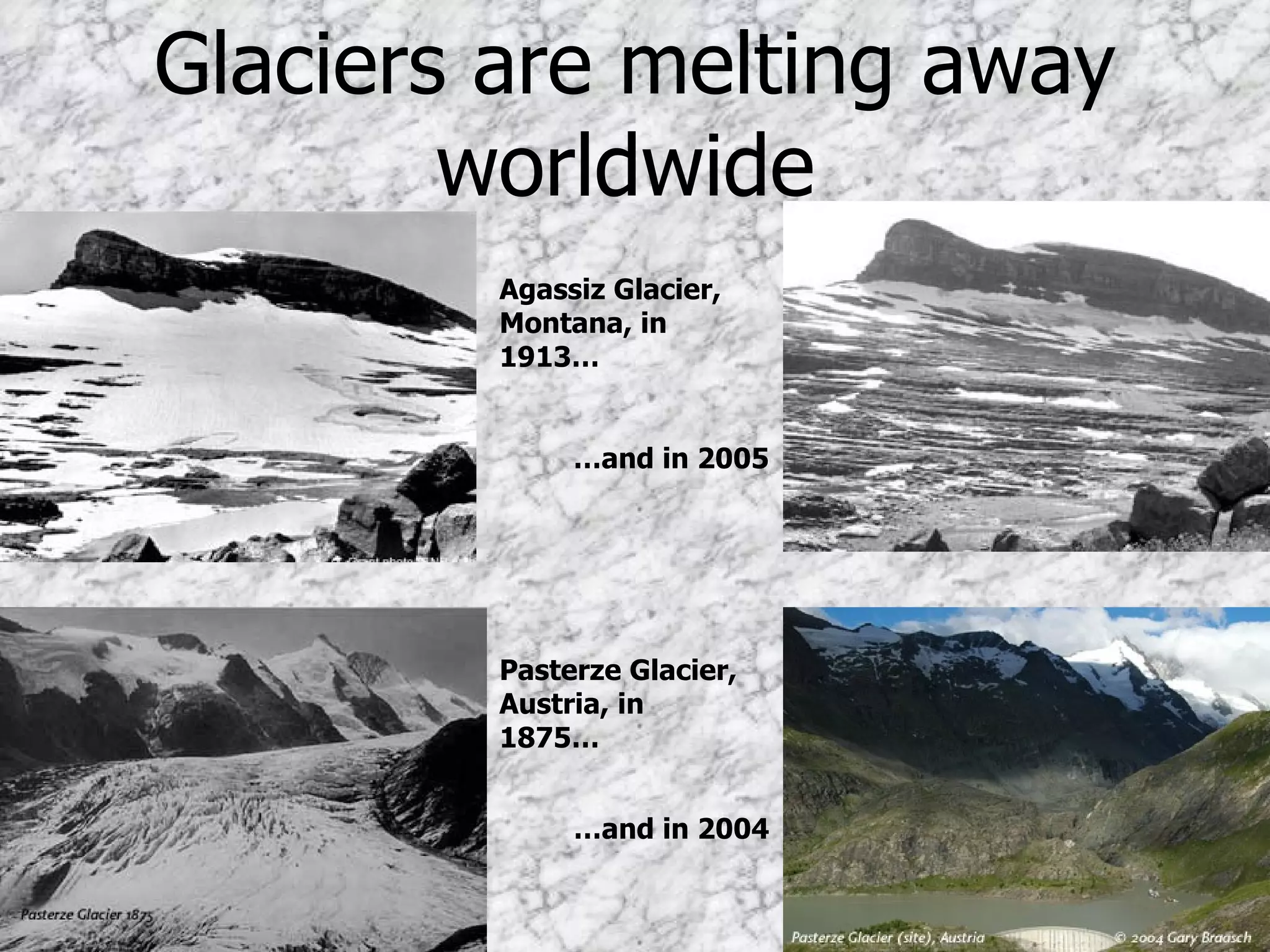 Glaciers are melting away worldwide   Agassiz Glacier, Montana, in 1913… Pasterze Glacier, Austria, in 1875… … and in 2005 … and in 2004 