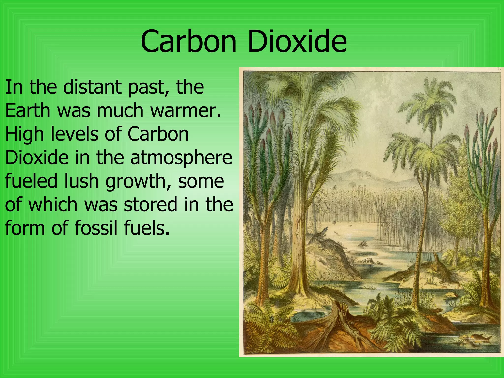 Carbon Dioxide   In the distant past, the Earth was much warmer. High levels of Carbon Dioxide in the atmosphere fueled lush growth, some of which was stored in the form of fossil fuels.  