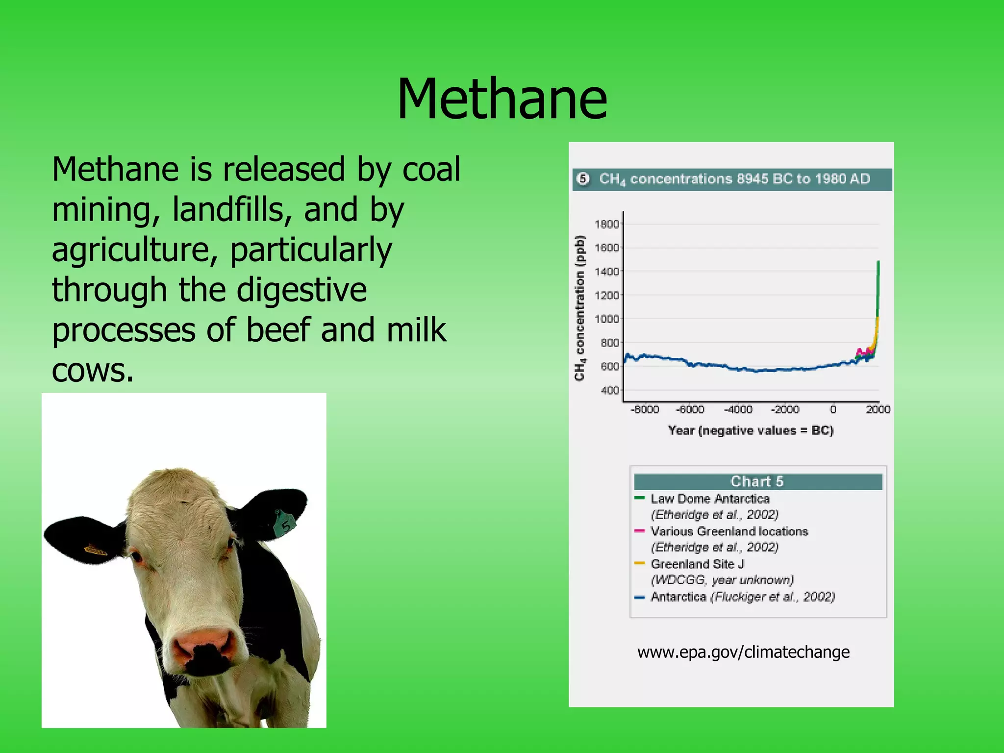 Methane www.epa.gov/climatechange Methane is released by coal mining, landfills, and by agriculture, particularly through the digestive processes of beef and milk cows. 