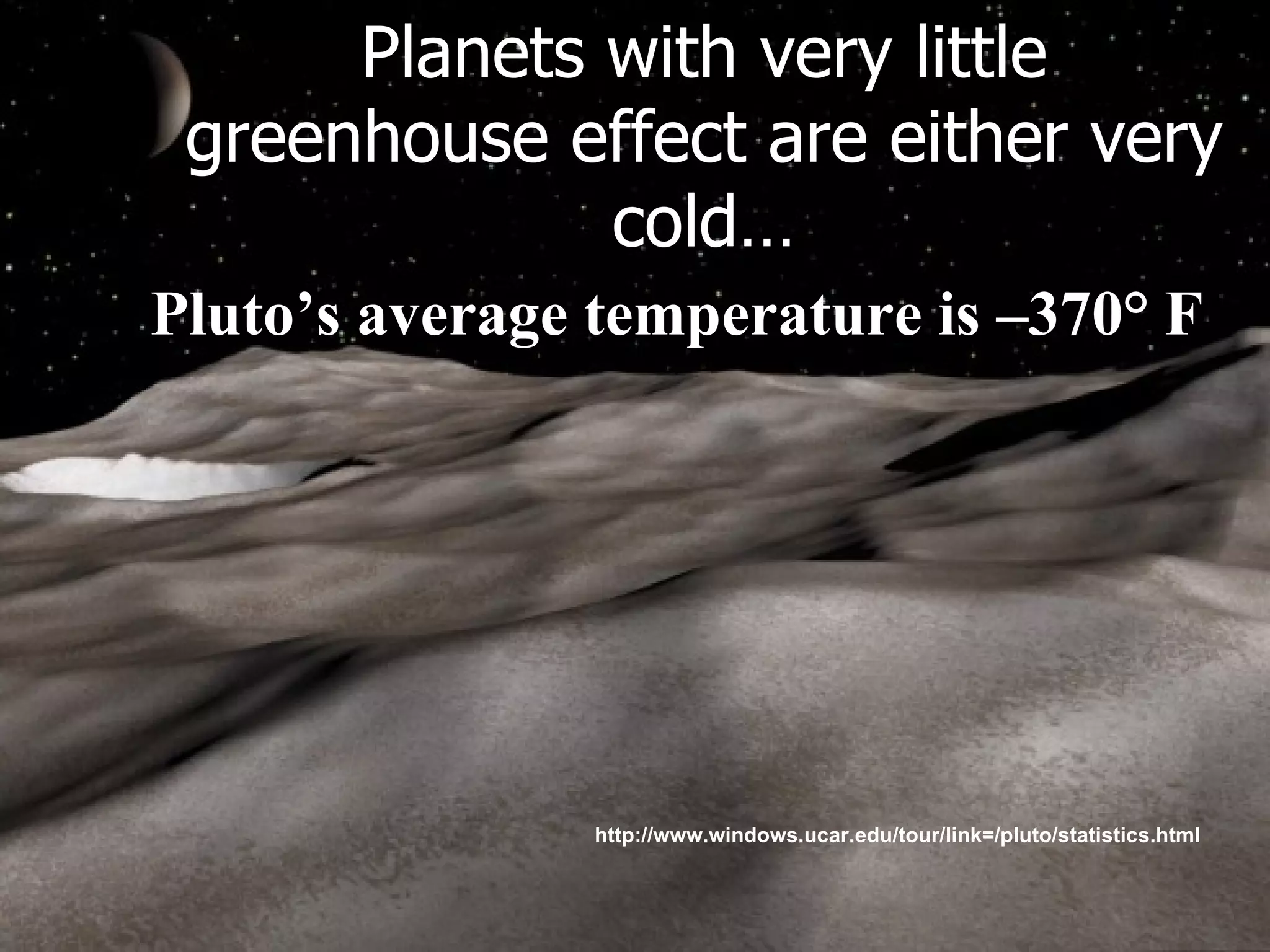 Planets with very little greenhouse effect are either very cold… Pluto’s average temperature is –370° F http://www.windows.ucar.edu/tour/link=/pluto/statistics.html   