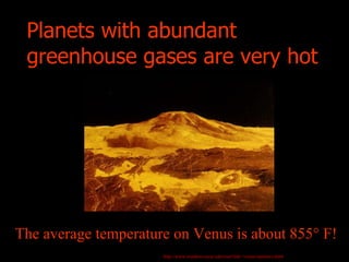 Planets with abundant greenhouse gases are very hot The average temperature on Venus is about 855° F!  http://www.windows....