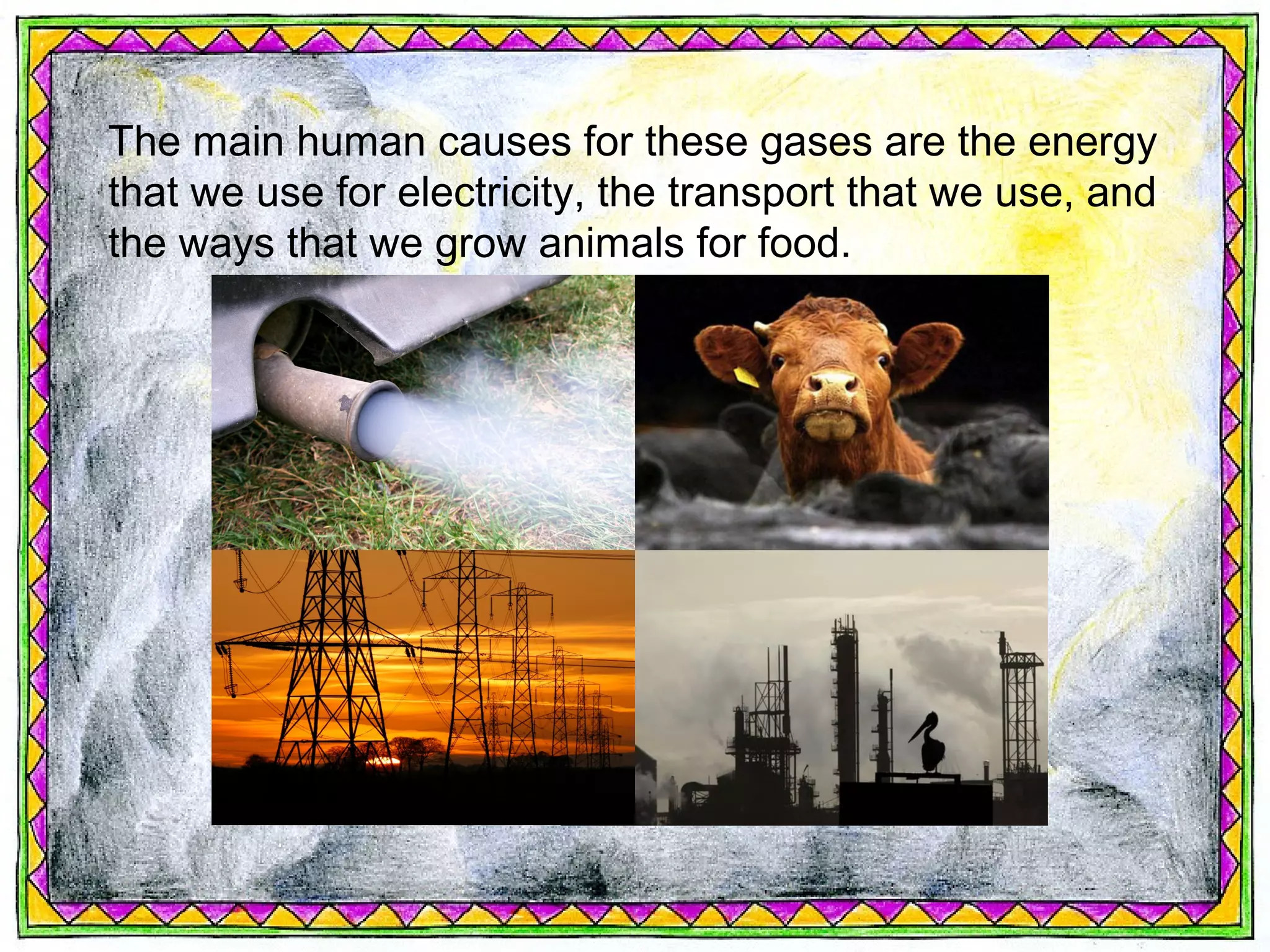 The main human causes for these gases are the energy
that we use for electricity, the transport that we use, and
the ways that we grow animals for food.
 