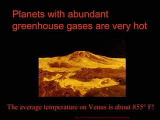 Planets with abundant
greenhouse gases are very hot
The average temperature on Venus is about 855° F!
http://www.windows.ucar.edu/tour/link=/venus/statistics.html
 