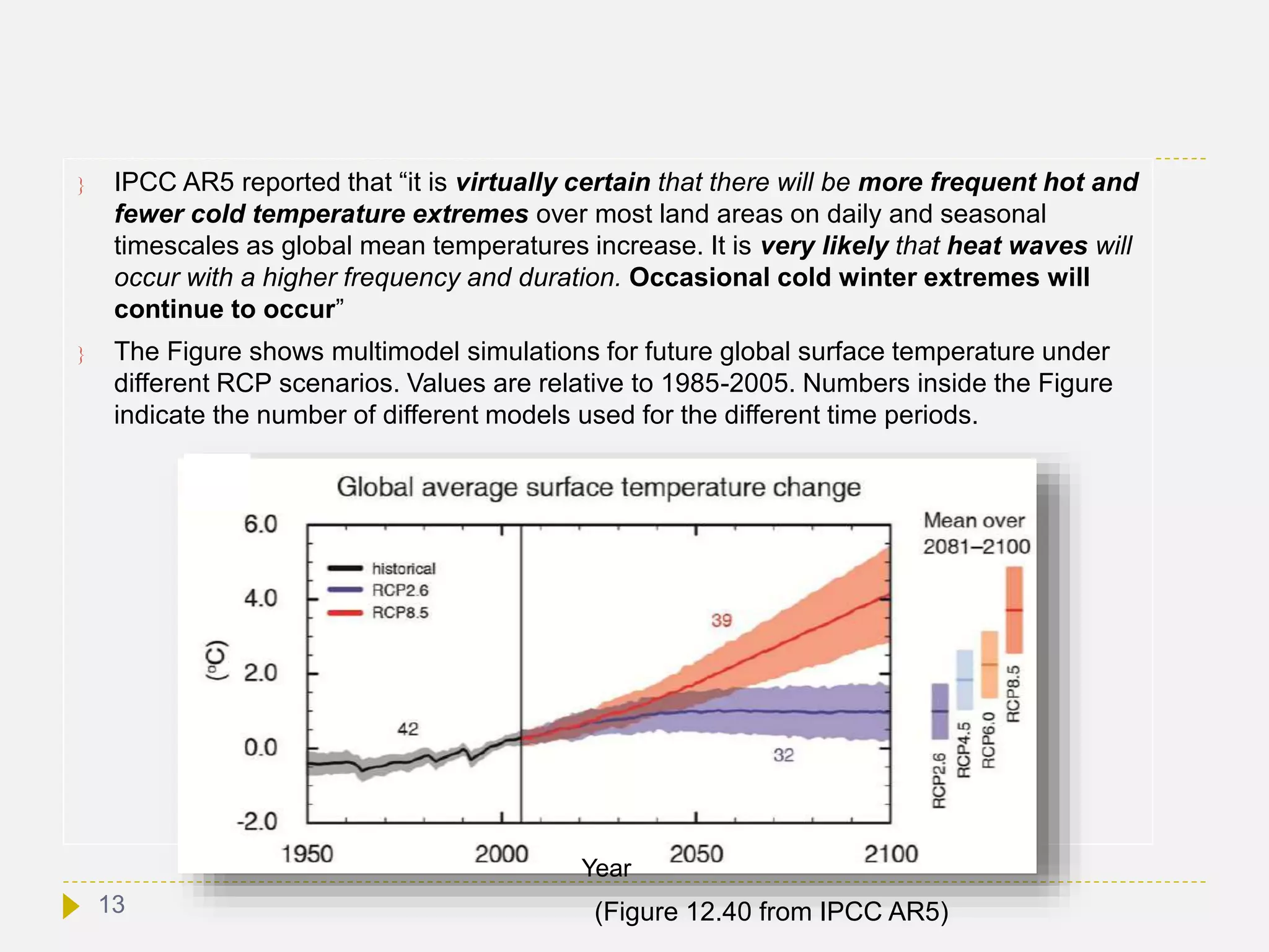  IPCC AR5 reported that “it is virtually certain that there will be more frequent hot and
fewer cold temperature extremes over most land areas on daily and seasonal
timescales as global mean temperatures increase. It is very likely that heat waves will
occur with a higher frequency and duration. Occasional cold winter extremes will
continue to occur”
 The Figure shows multimodel simulations for future global surface temperature under
different RCP scenarios. Values are relative to 1985-2005. Numbers inside the Figure
indicate the number of different models used for the different time periods.
(Figure 12.40 from IPCC AR5)
Year
13
 